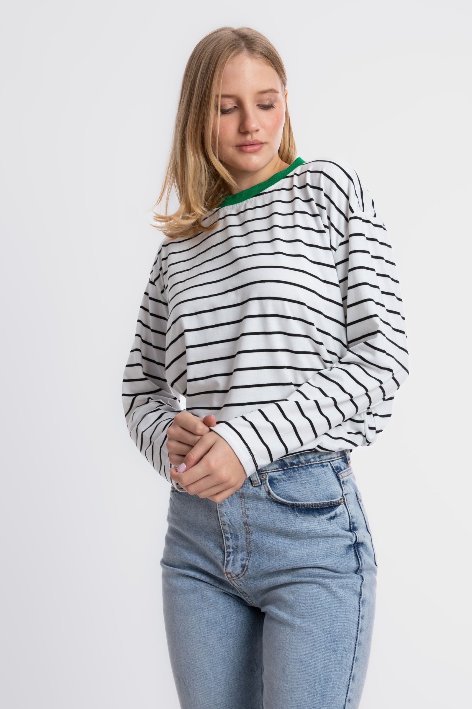 Striped Crew Neck Relaxed Sweatshirt with a Neck Detail