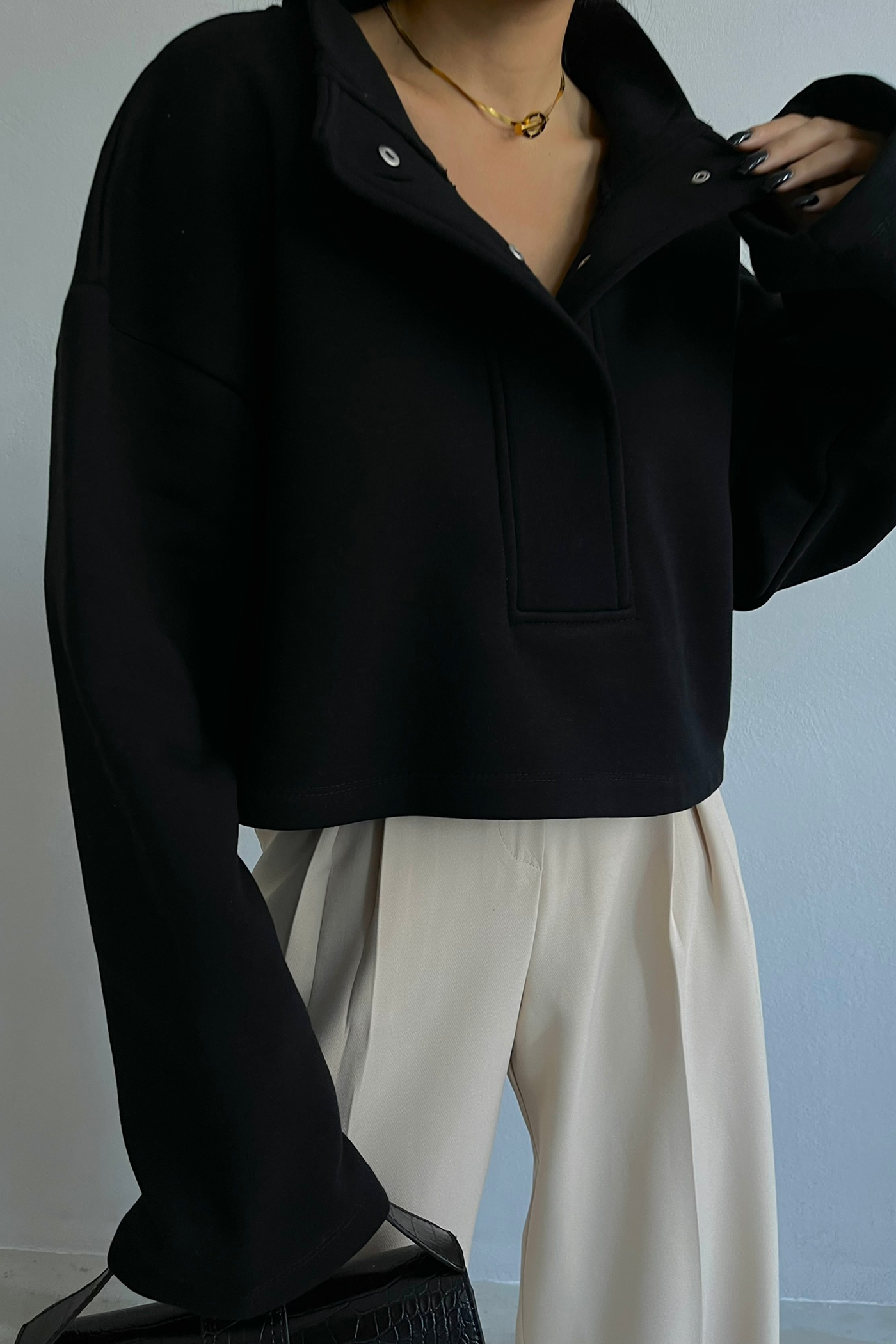 Stand Collar Oversized Sweatshirt with a Neck Detail