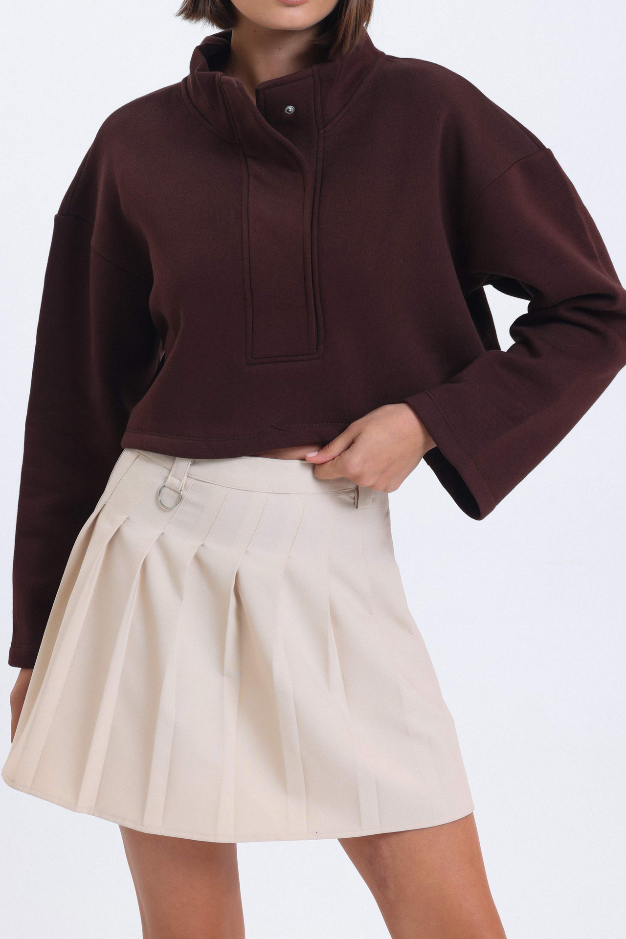 Stand Collar Oversized Sweatshirt with a Neck Detail