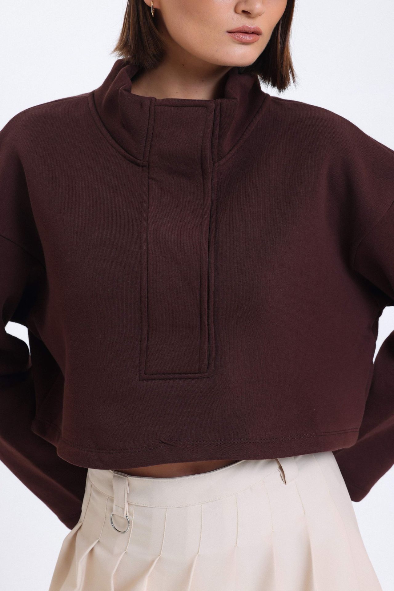 Stand Collar Oversized Sweatshirt with a Neck Detail