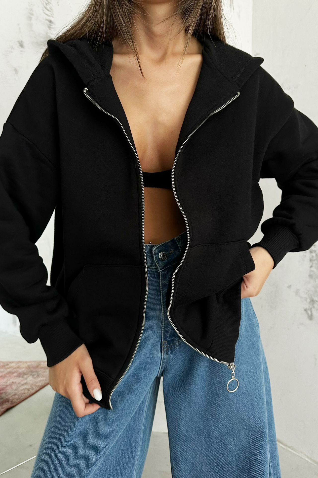 Hooded Zippered Relaxed Sweatshirt