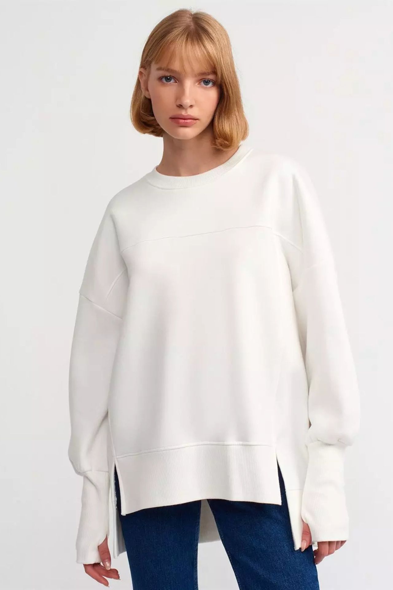 Crew Neck Oversized Sweatshirt with a Front Slit