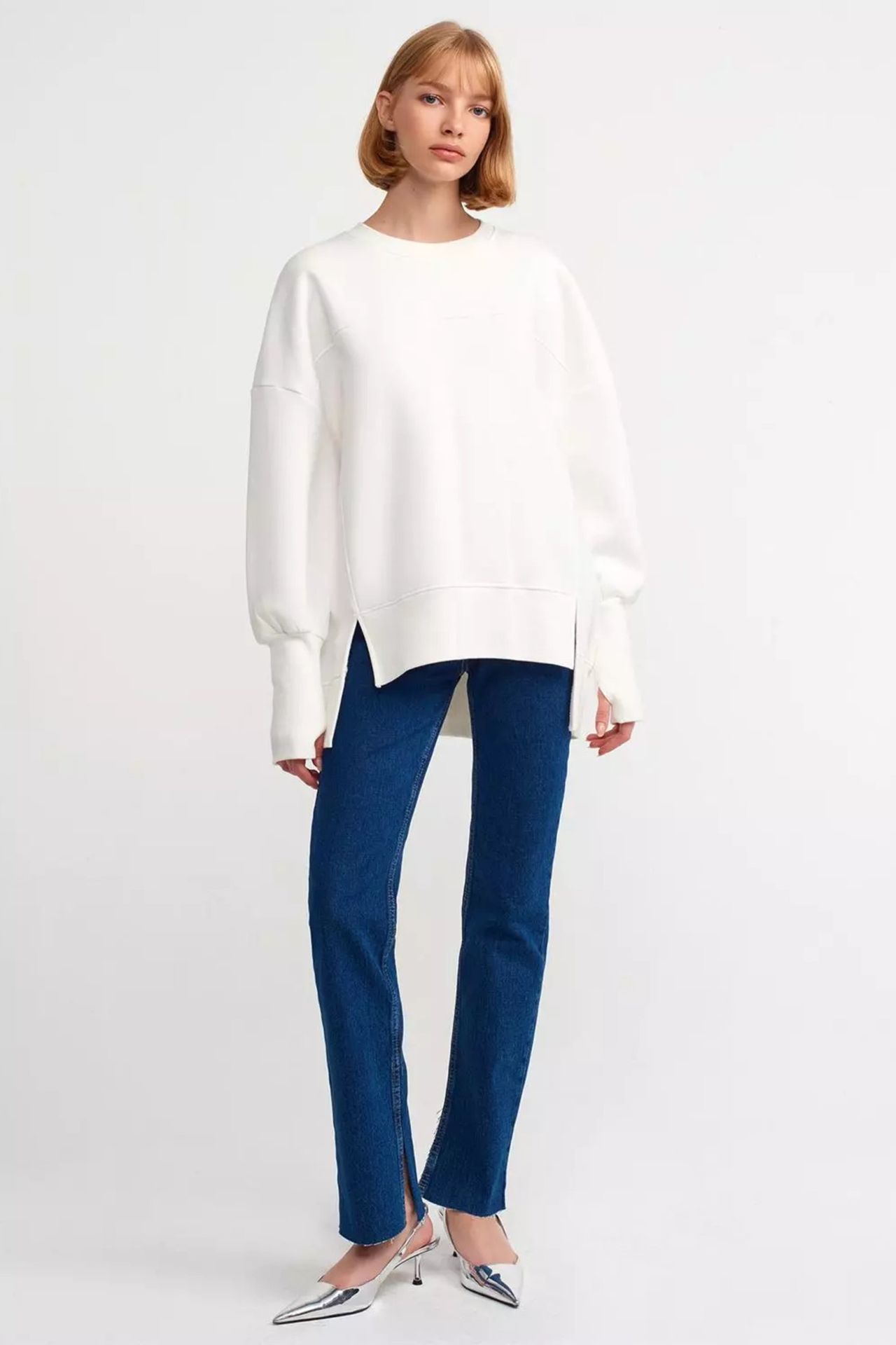Crew Neck Oversized Sweatshirt with a Front Slit