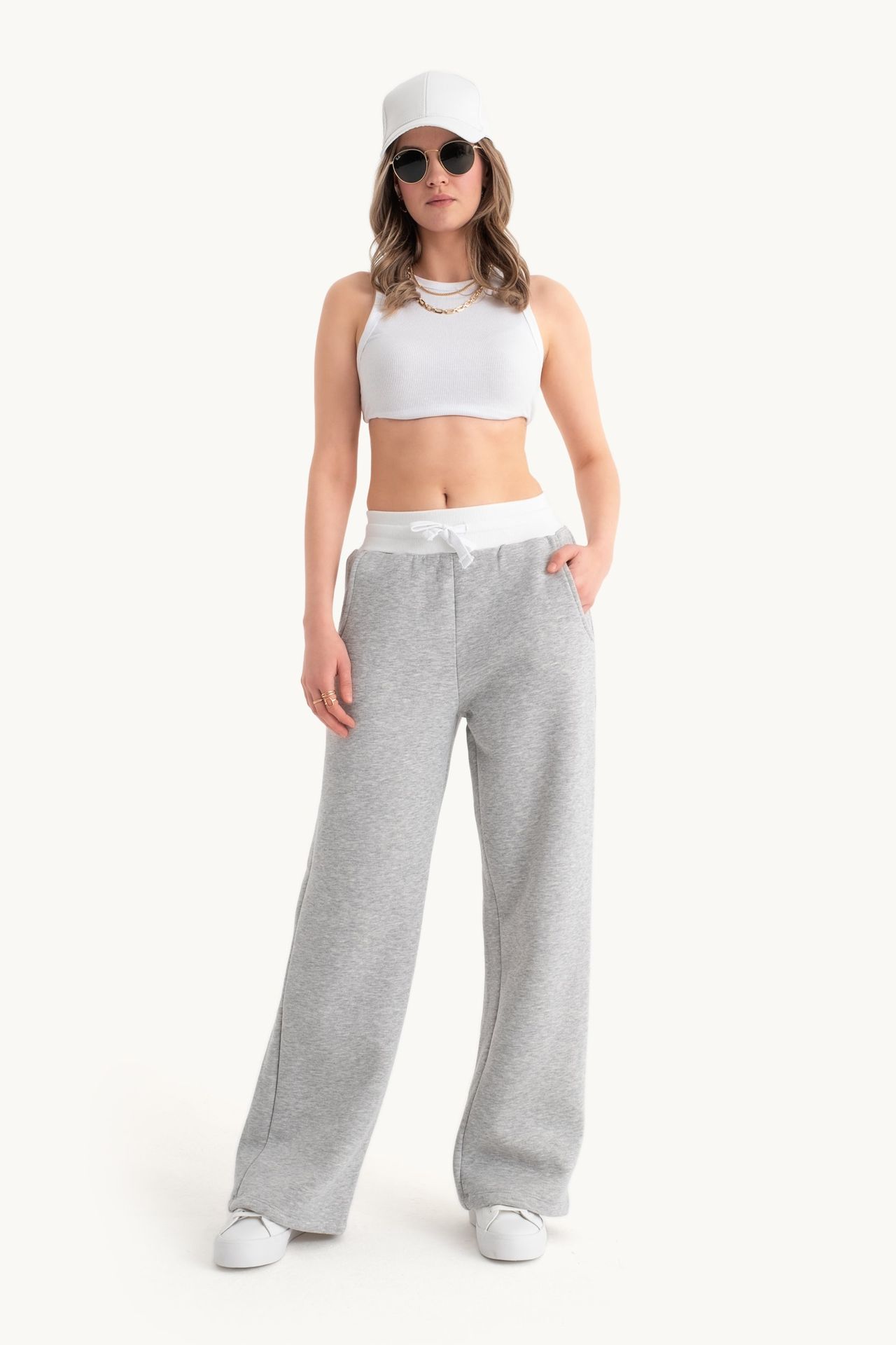 Mid Rise Elastic Waist Wide Leg Joggers