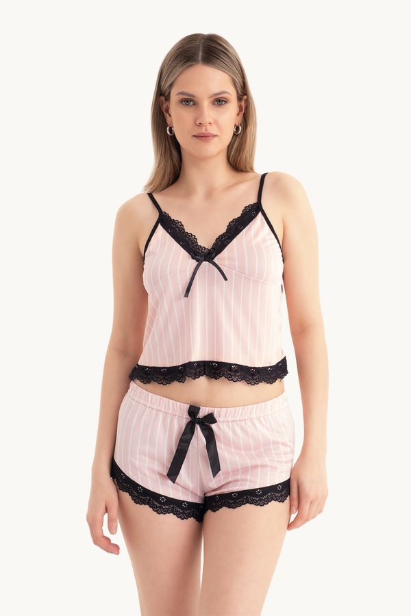 Striped V Neck Three piece Lace Detail Pyjamas with a Robe 4