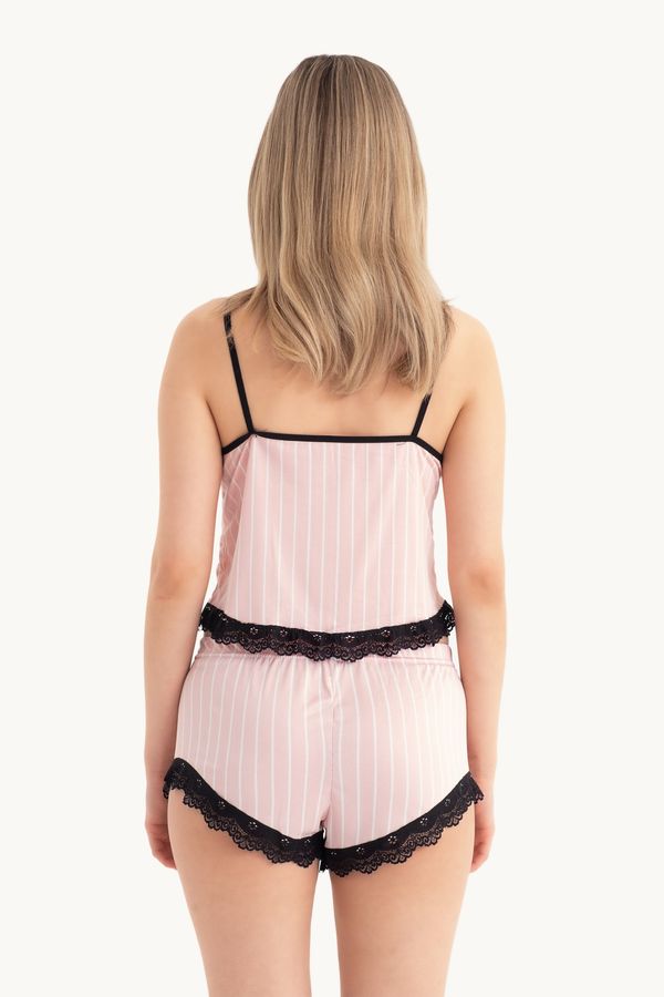 Striped V Neck Three piece Lace Detail Pyjamas with a Robe 5