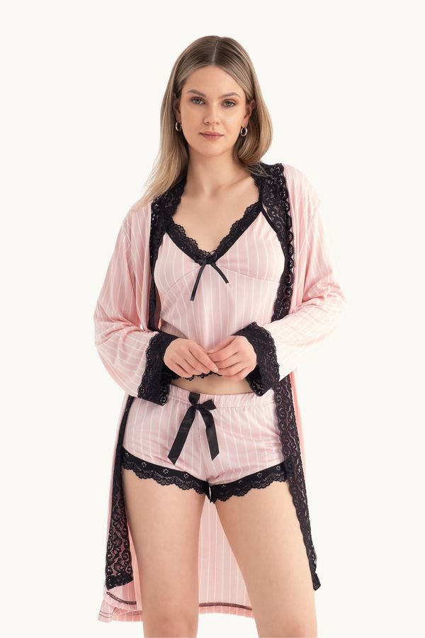 Striped V Neck Three piece Lace Detail Pyjamas with a Robe 1