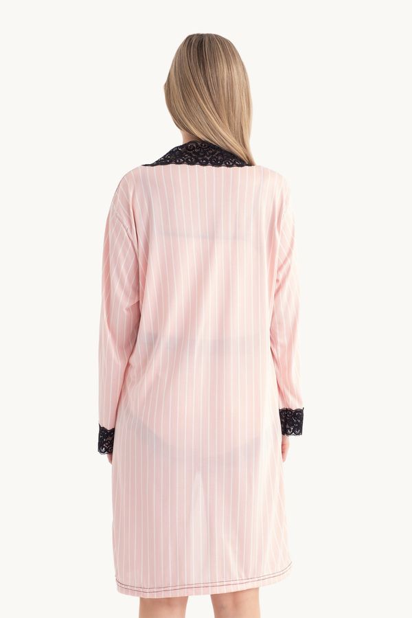 Striped V Neck Three piece Lace Detail Pyjamas with a Robe 2