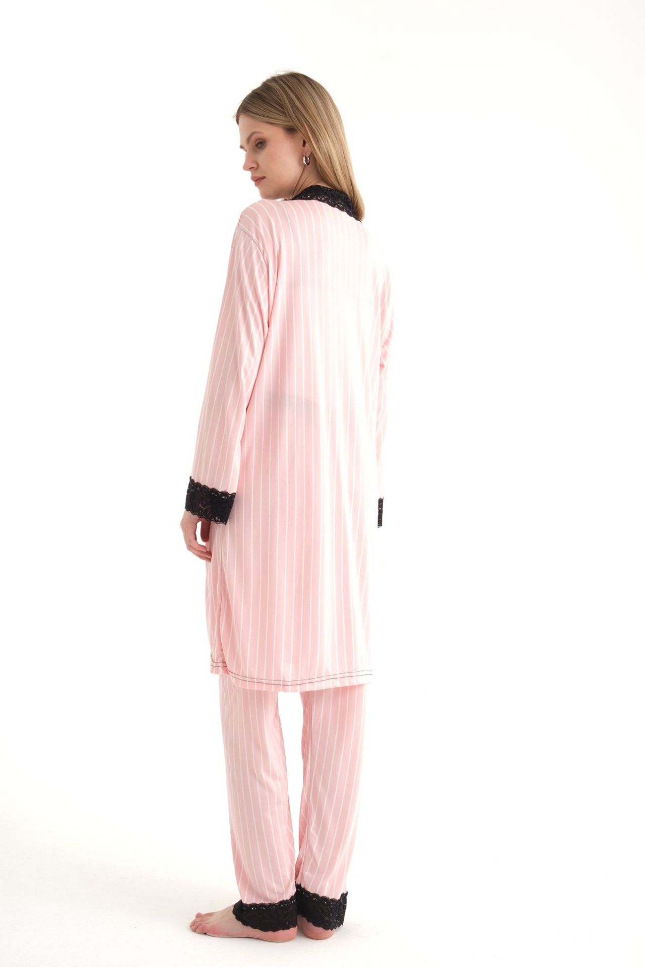 Striped V Neck Three piece Drawstring Pyjamas with a Robe