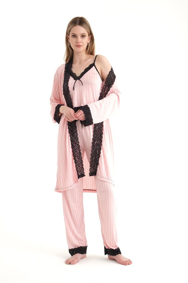 Striped V Neck Three piece Drawstring Pyjamas with a Robe 1