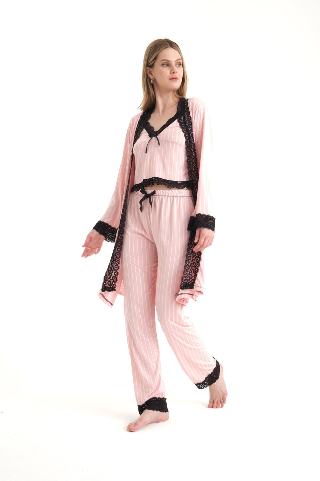 Striped V Neck Three piece Drawstring Pyjamas with a Robe