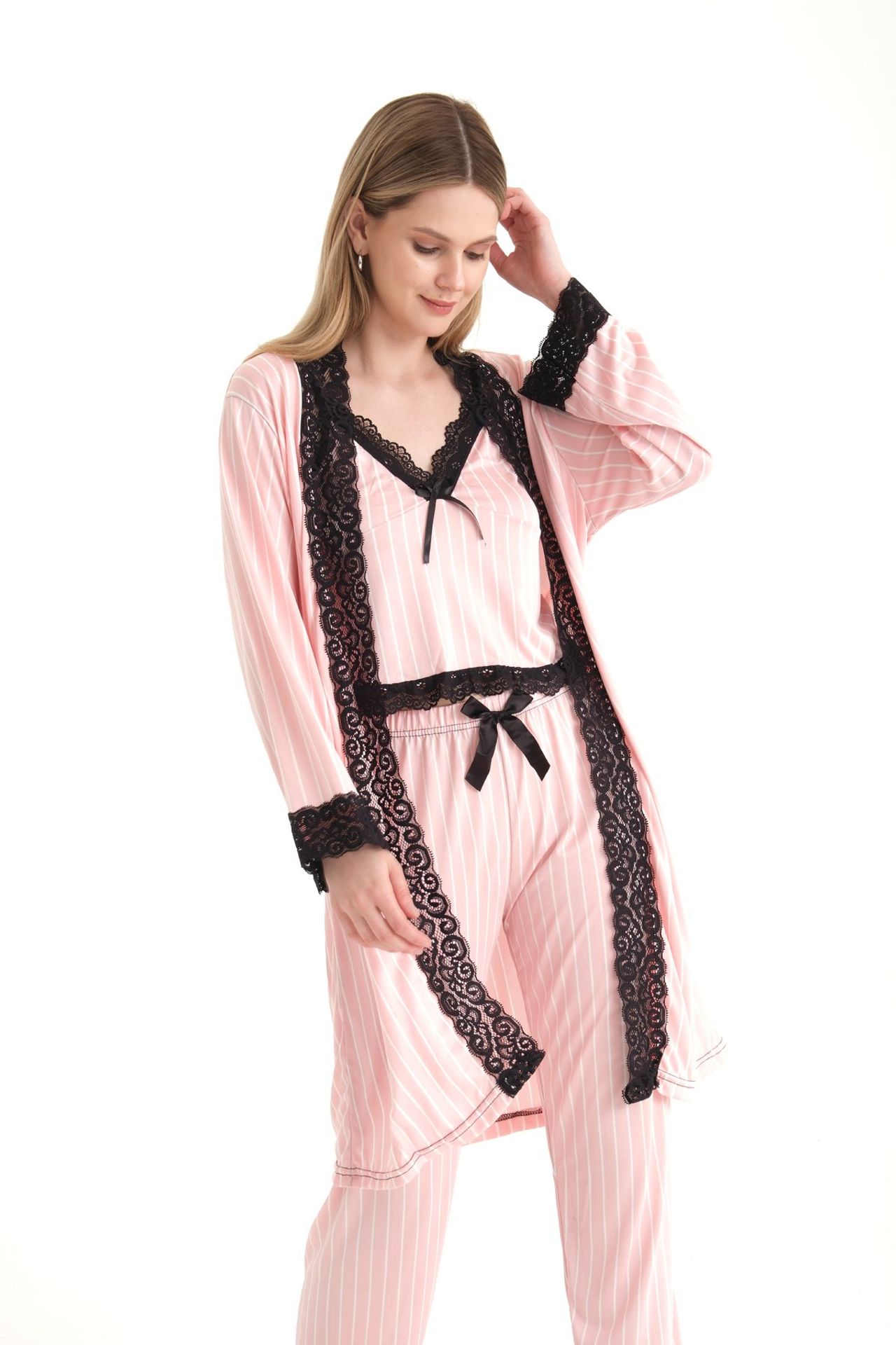 Striped V Neck Three piece Drawstring Pyjamas with a Robe