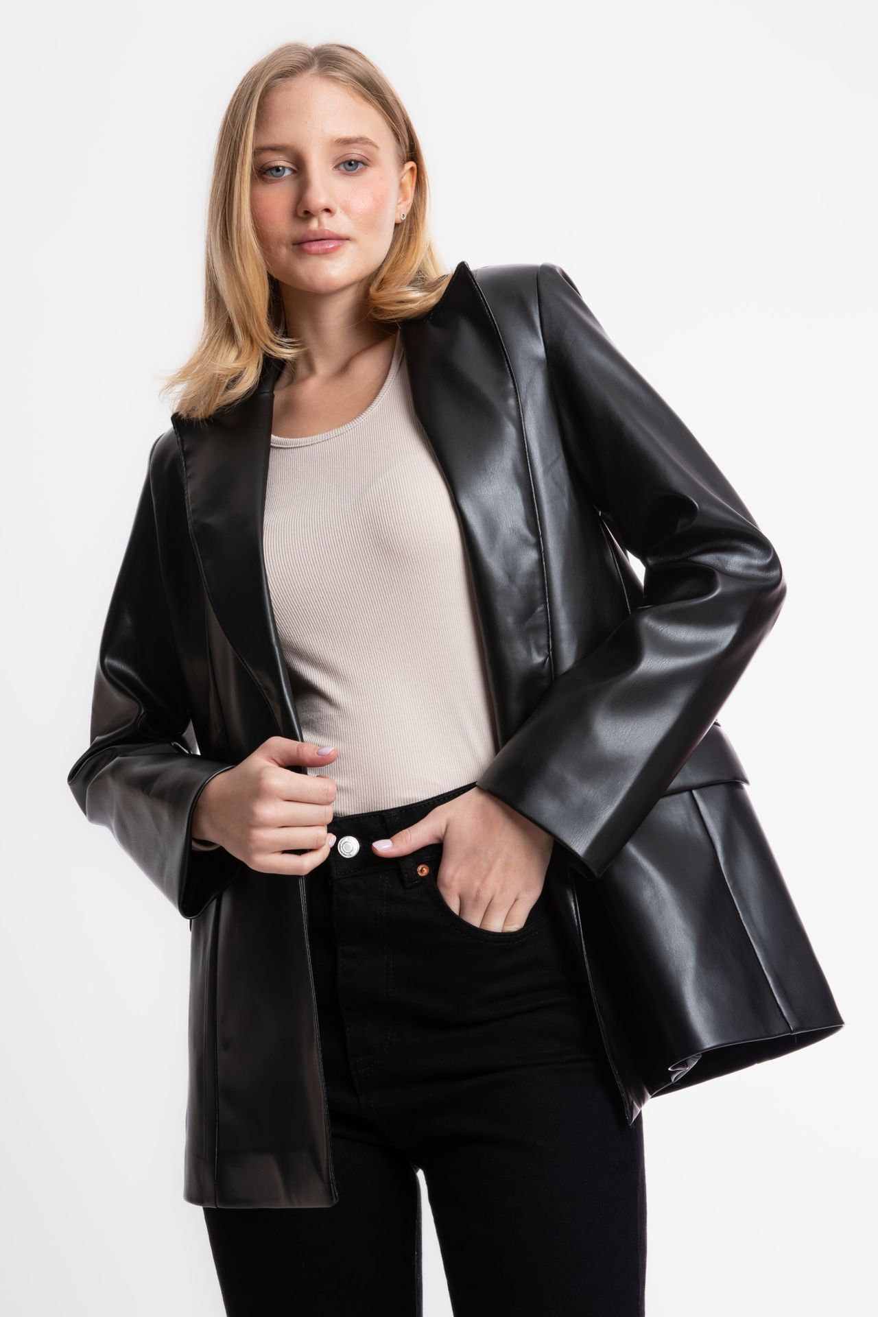 Faux Leather Collar Blazer