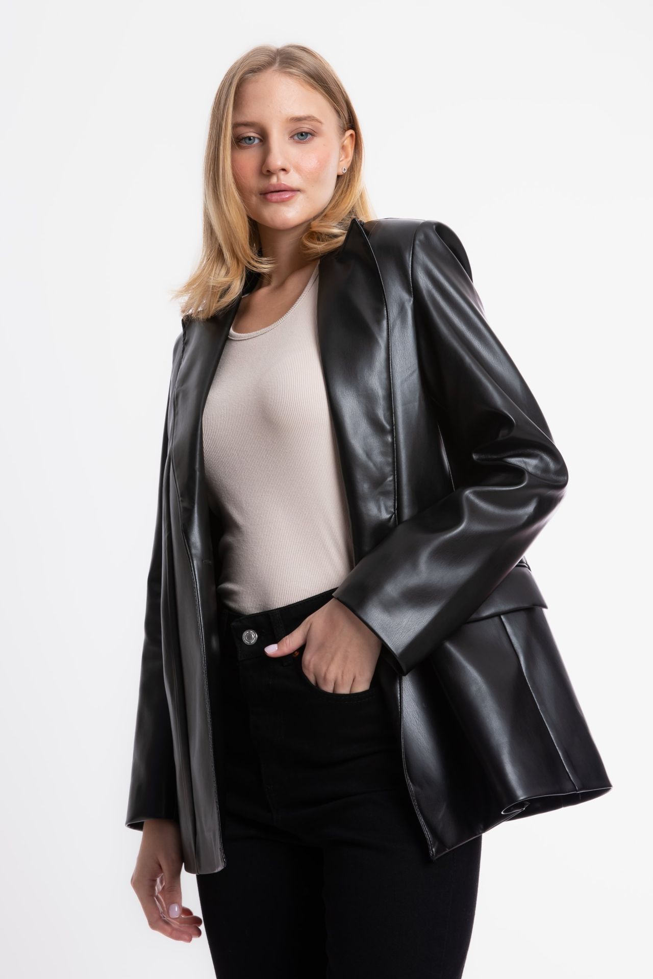 Faux Leather Collar Blazer