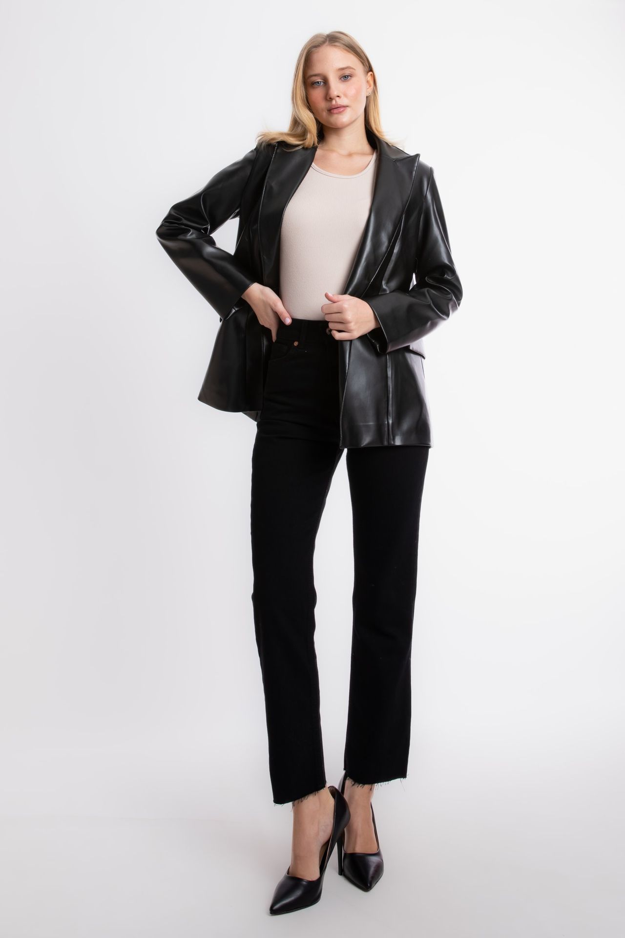 Faux Leather Collar Blazer