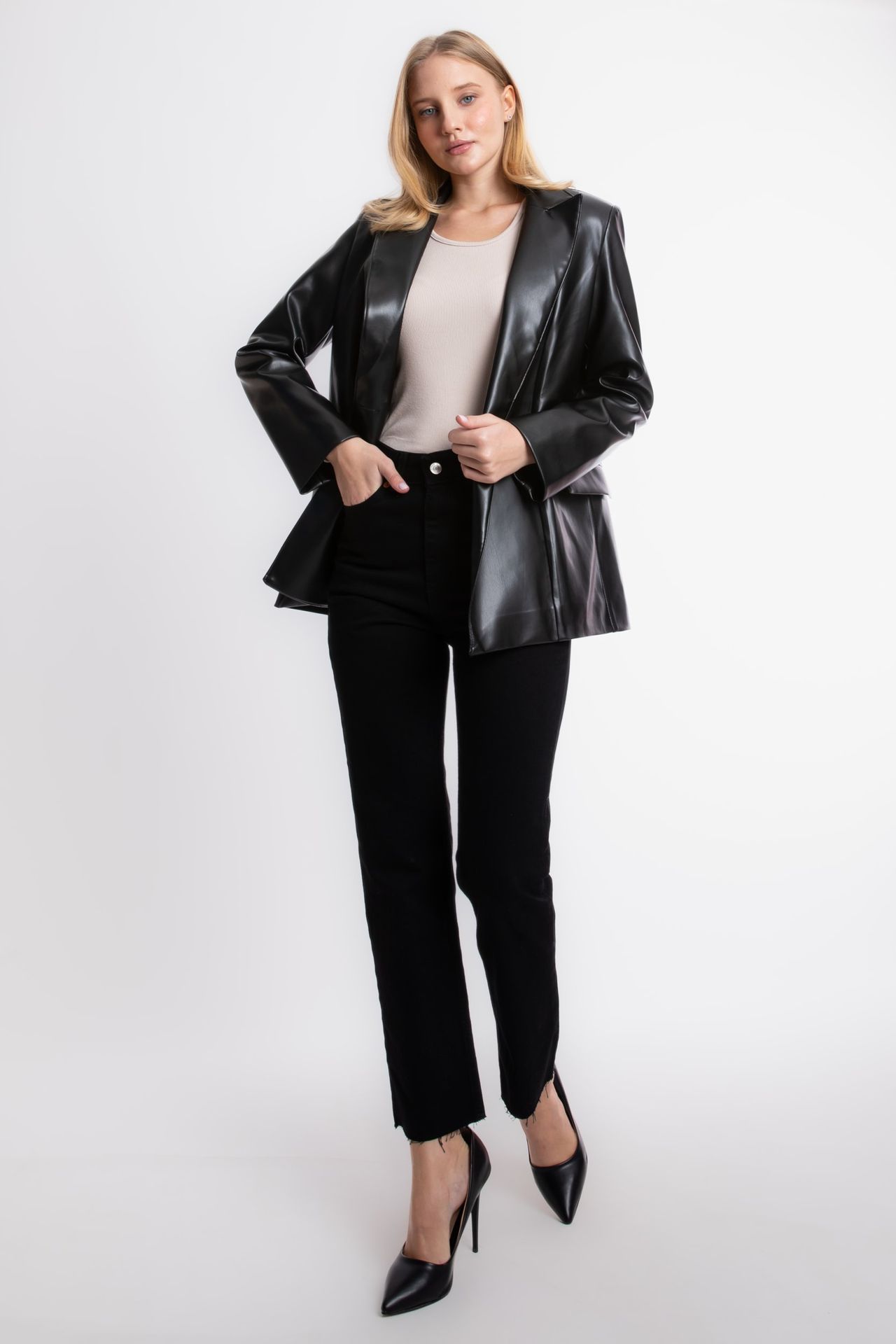 Faux Leather Collar Blazer
