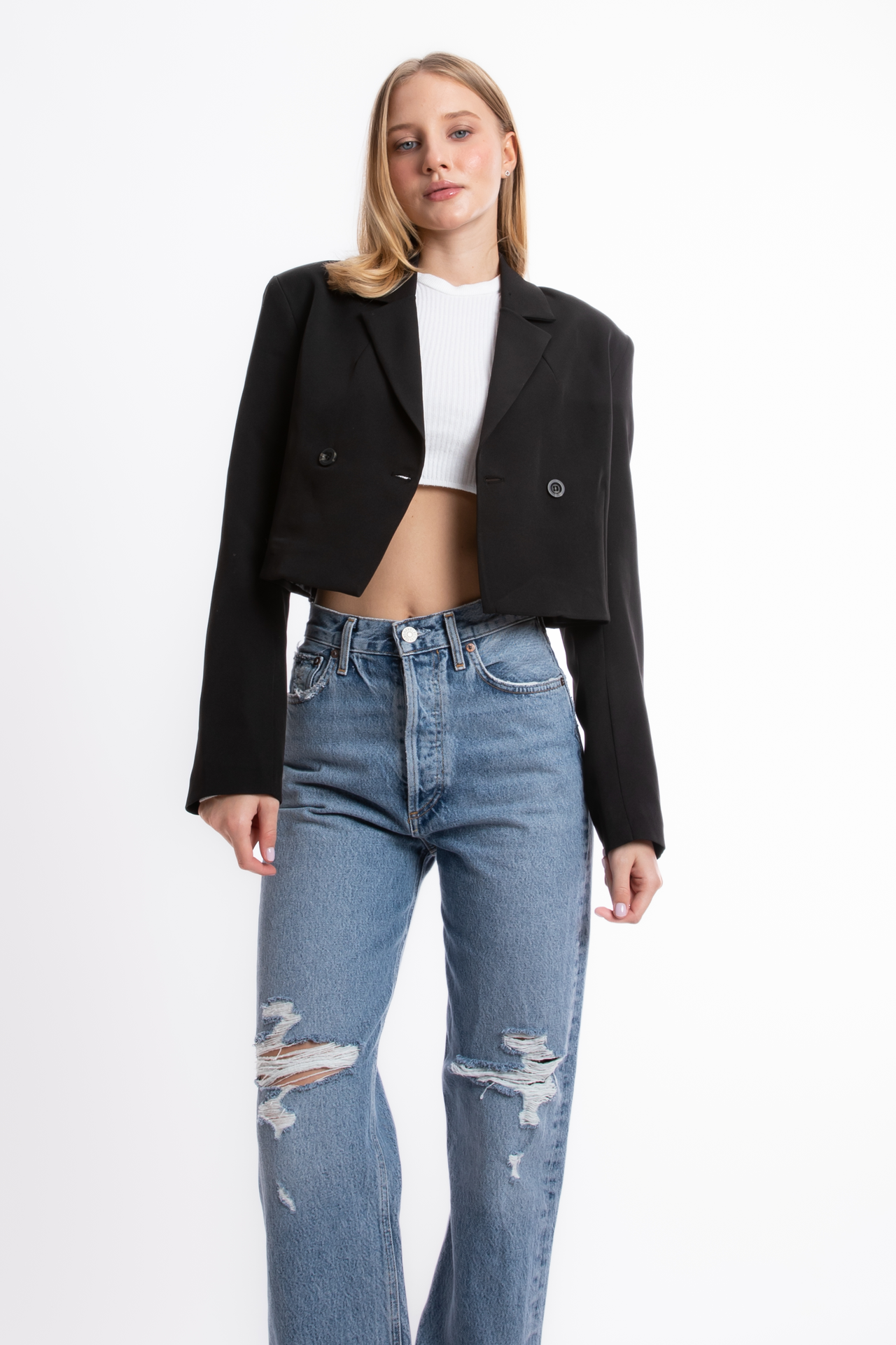 Collar Buttoned Cropped Blazer