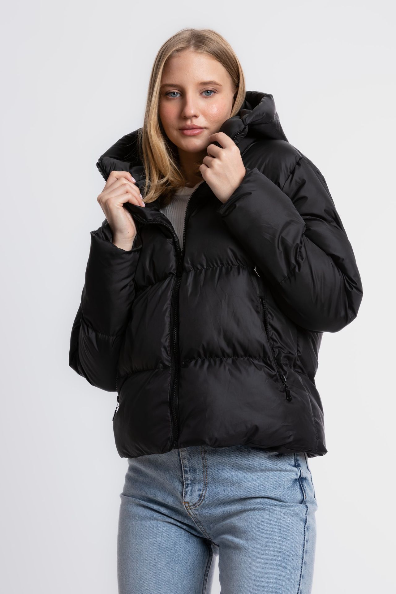 Stand Collar Zipper Hooded Coat & Jacket