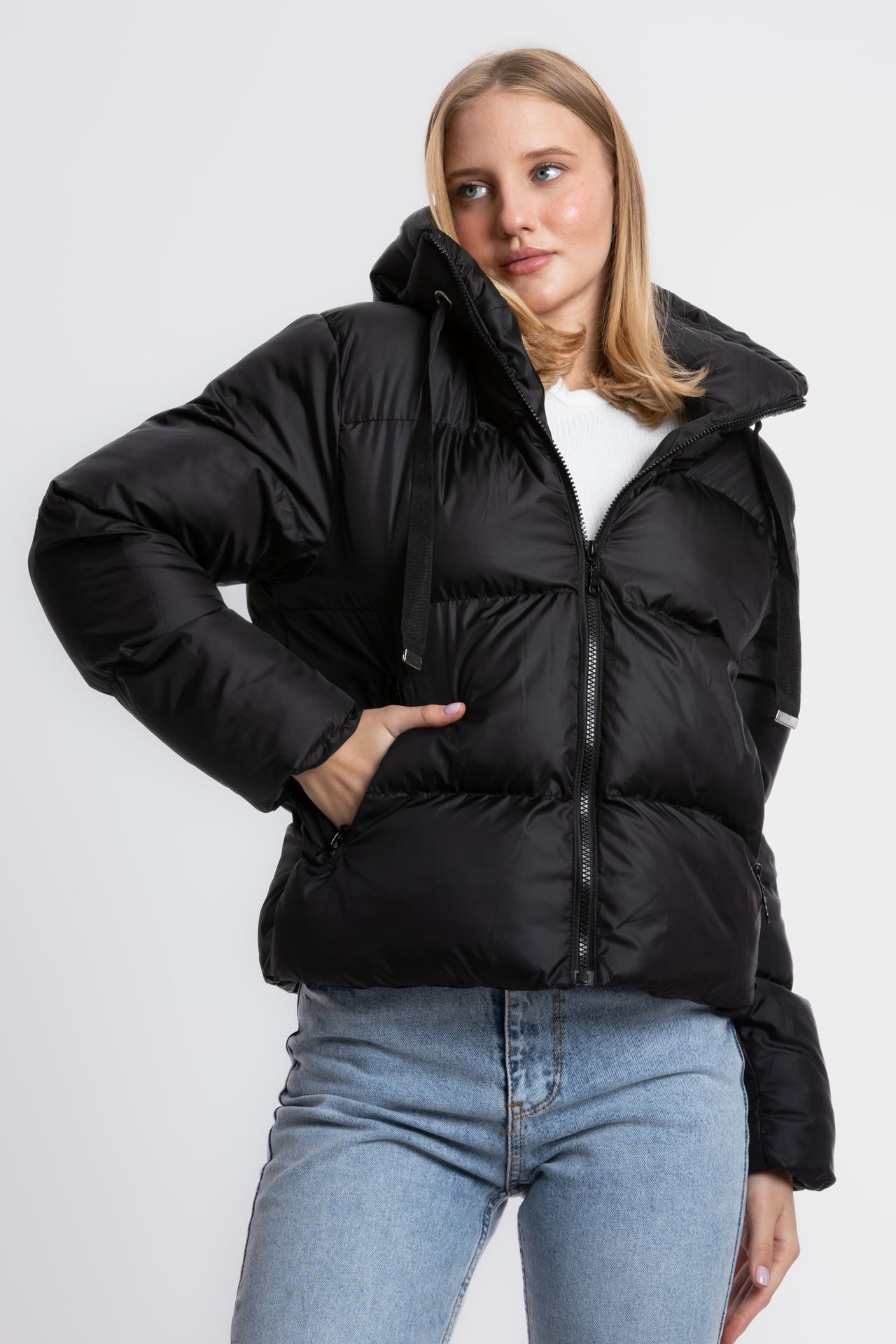 Stand Collar Zipper Hooded Coat & Jacket
