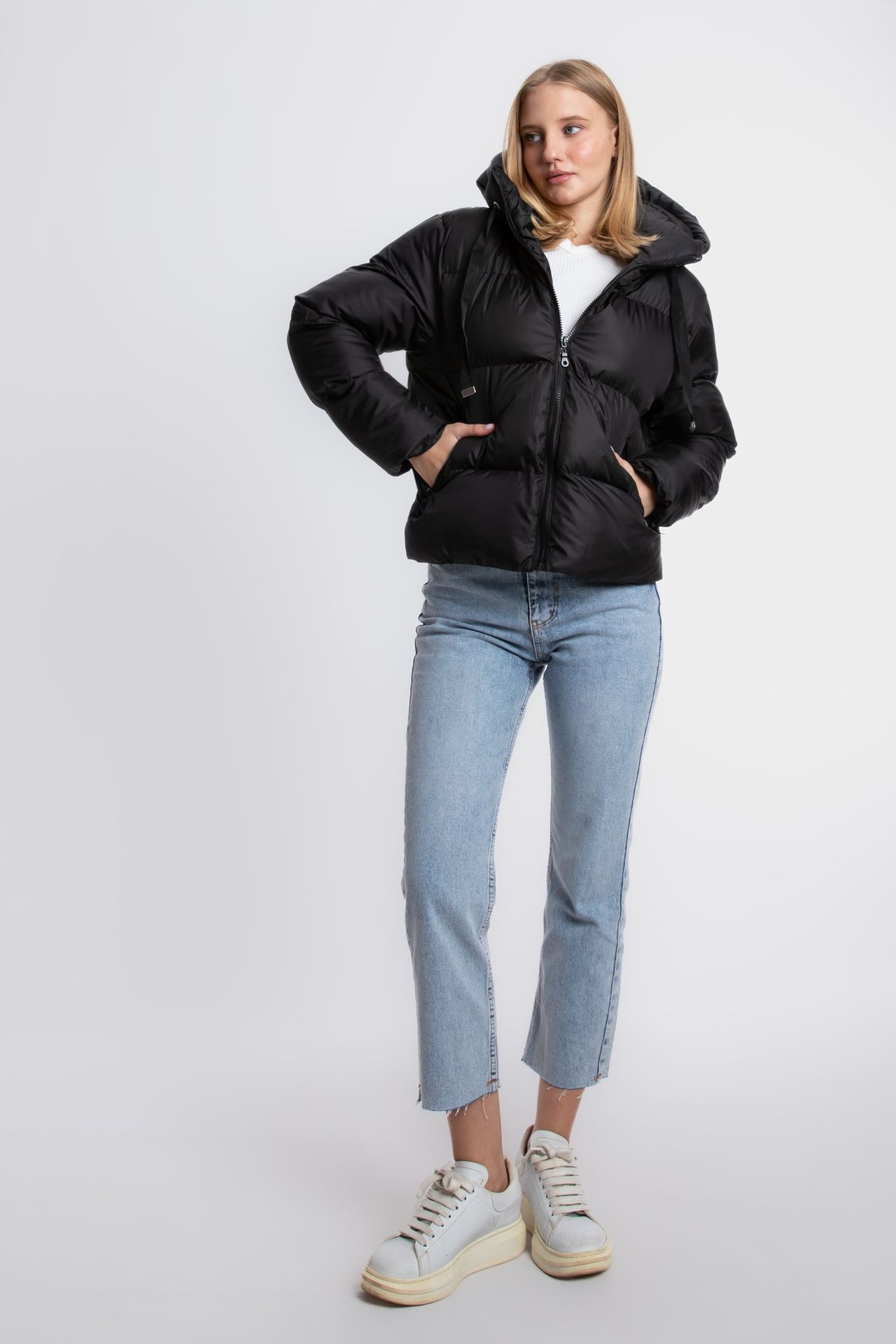 Stand Collar Zipper Hooded Coat & Jacket