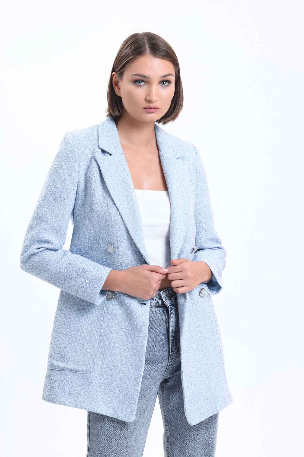 Tweed Collar Buttoned Blazer