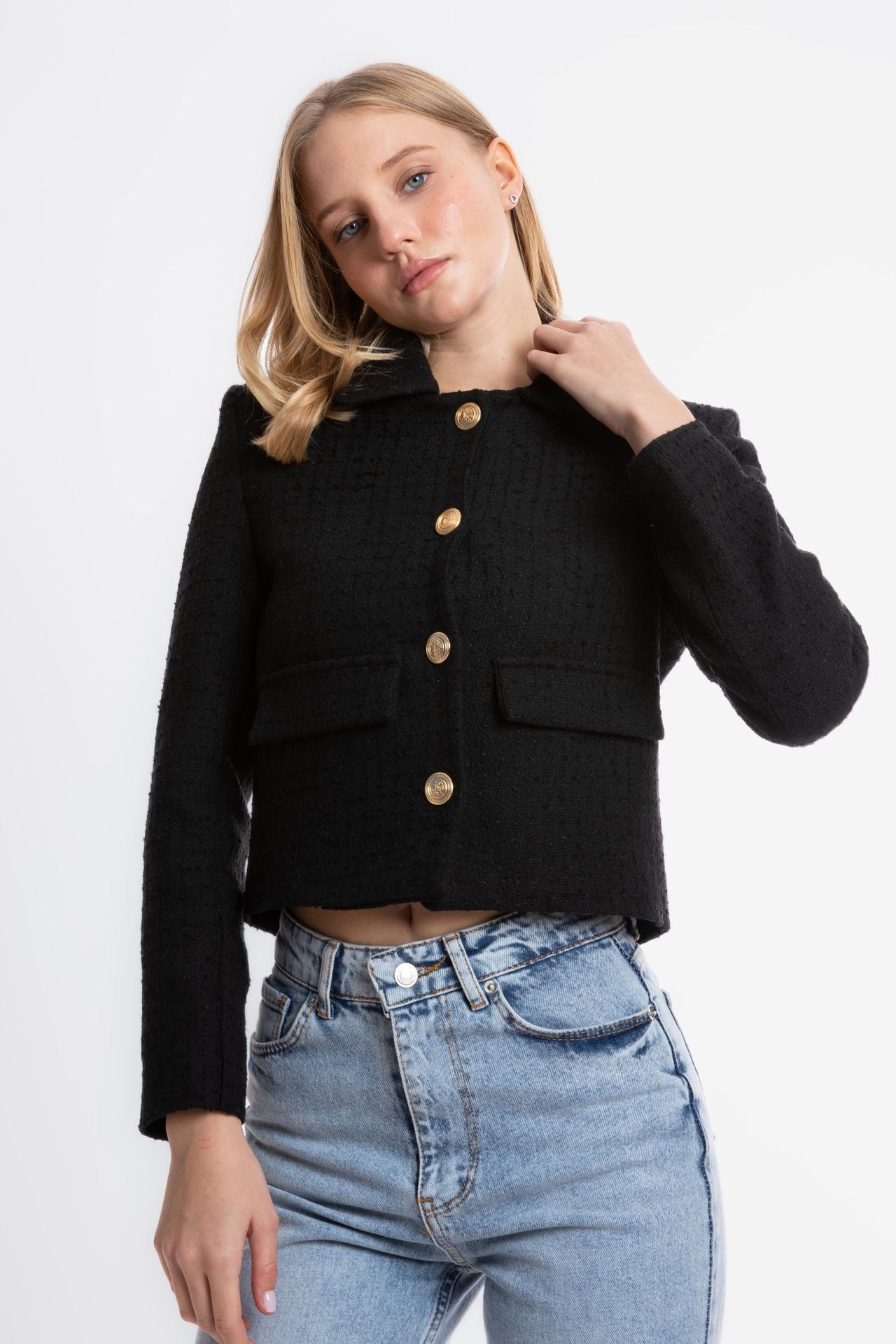 Tweed Collar Buttoned Cropped Jacket