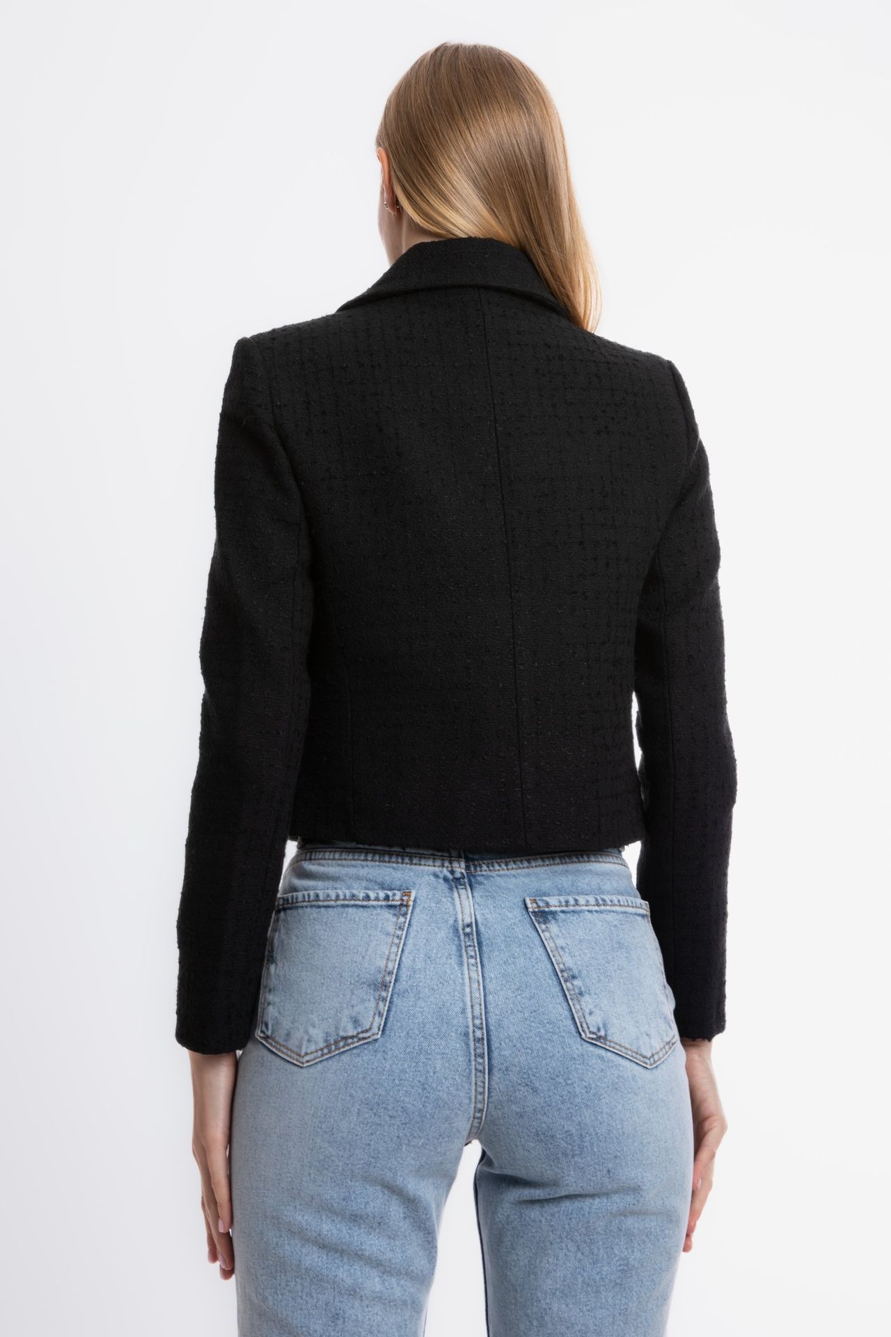 Tweed Collar Buttoned Cropped Jacket