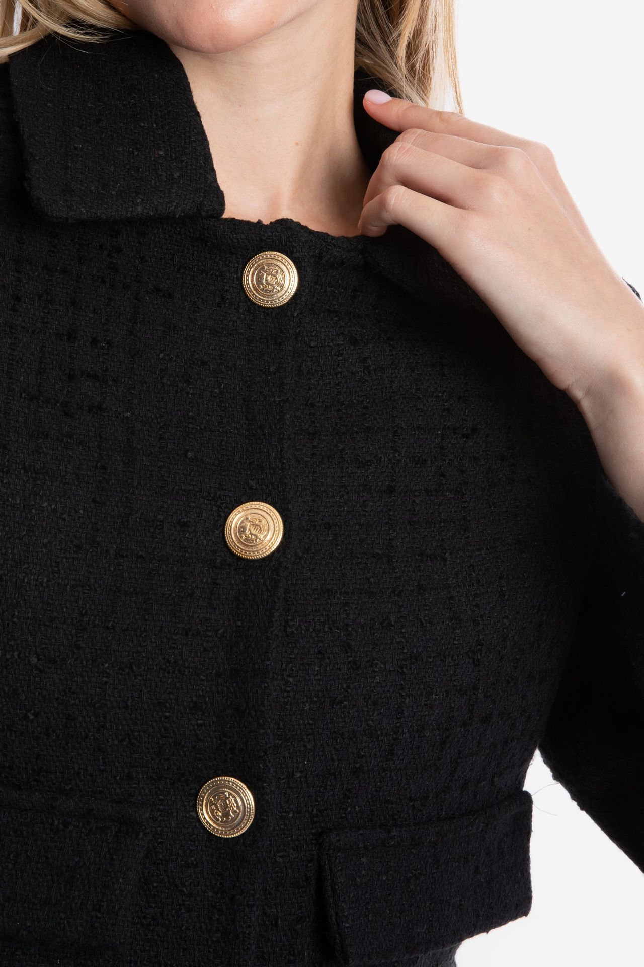 Tweed Collar Buttoned Cropped Jacket
