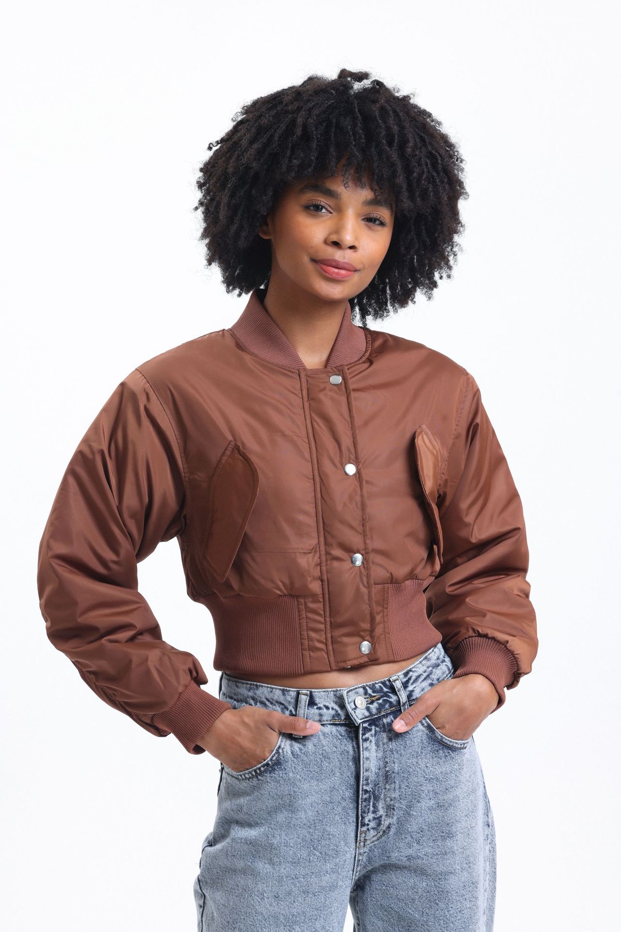 Pocket Cropped Bomber Jacket with a Ruched Back