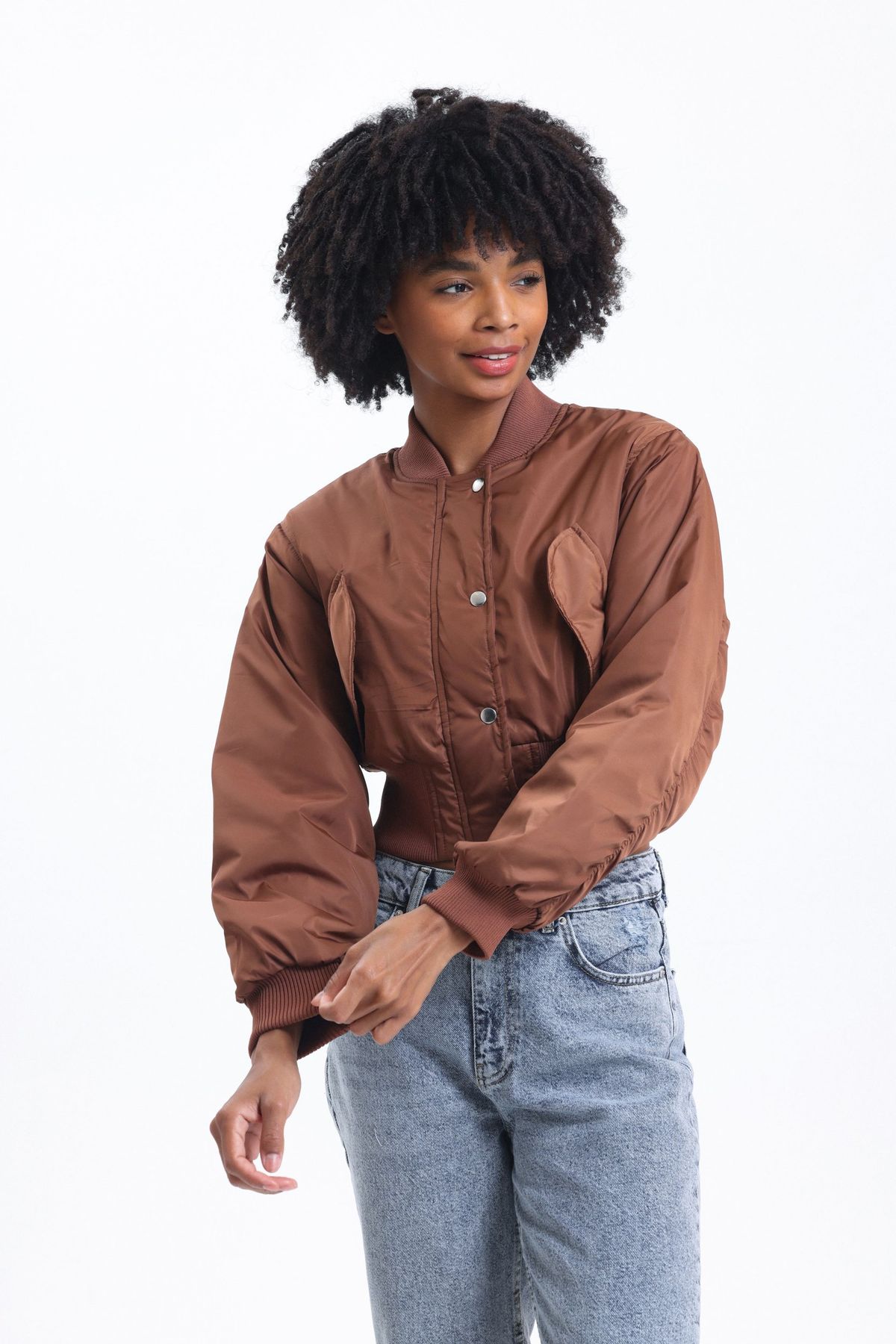 Pocket Cropped Bomber Jacket with a Ruched Back