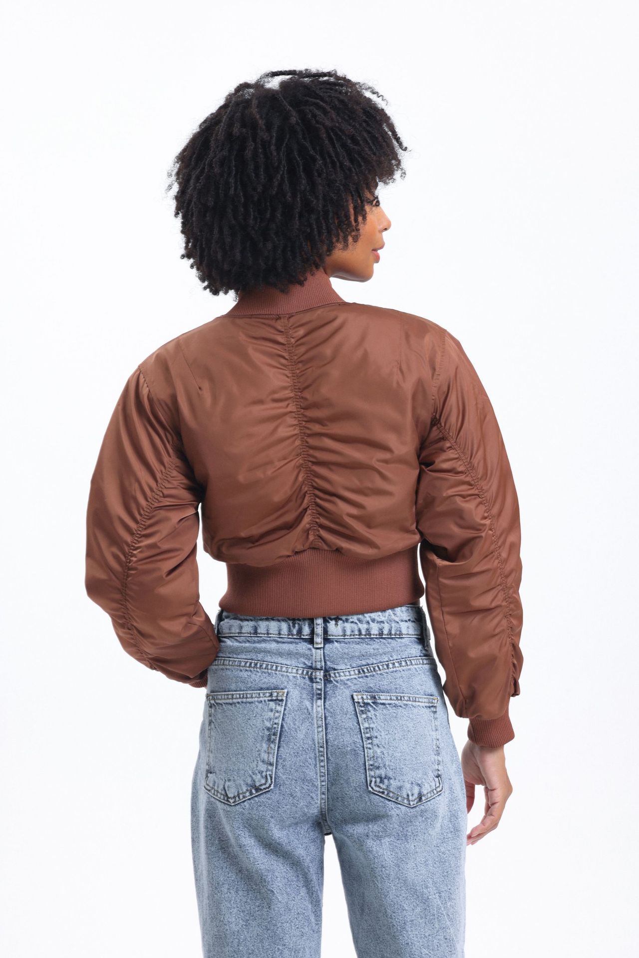Pocket Cropped Bomber Jacket with a Ruched Back