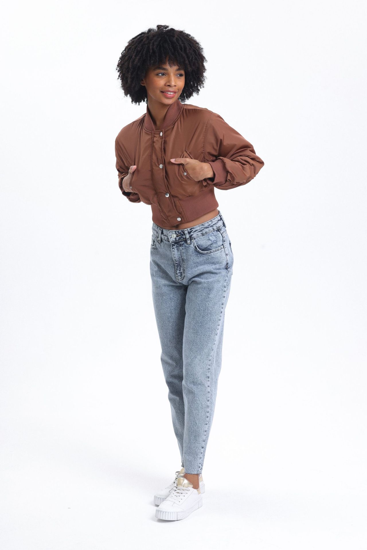 Pocket Cropped Bomber Jacket with a Ruched Back