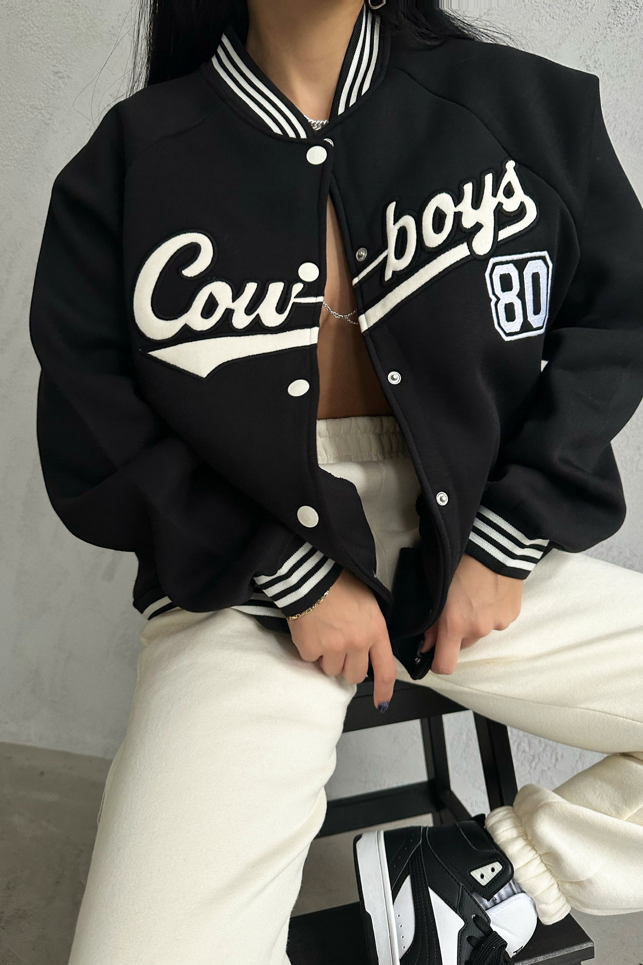 Letter Embroidered Round Neck College Jacket