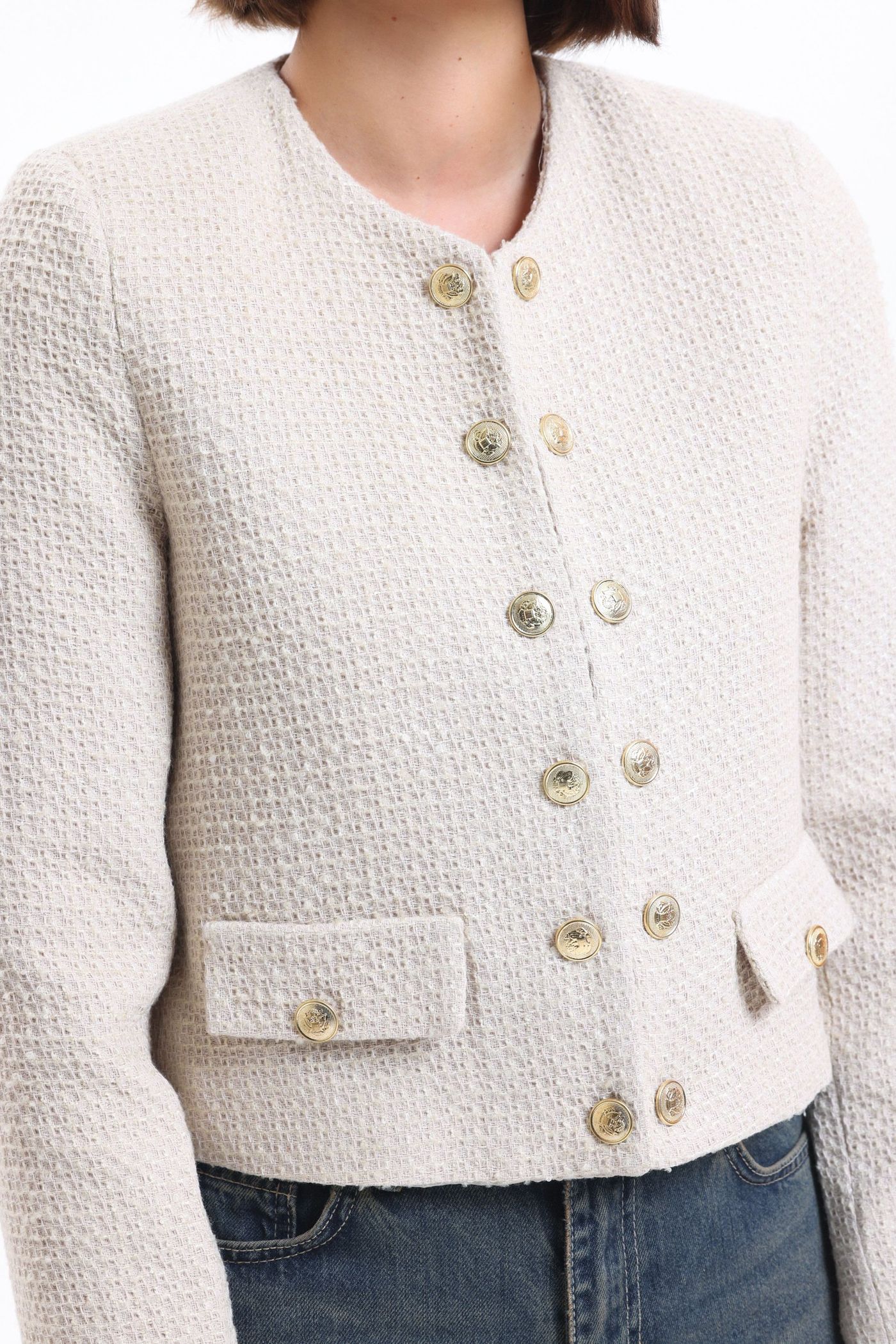 Tweed Round Neck Buttoned Jacket