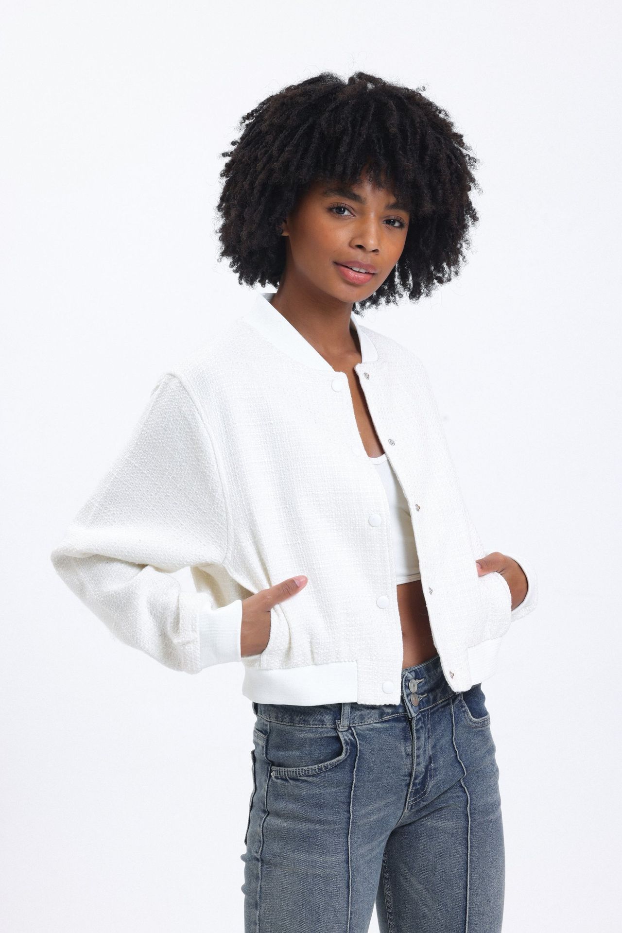 Round Neck Buttoned Bomber Jacket