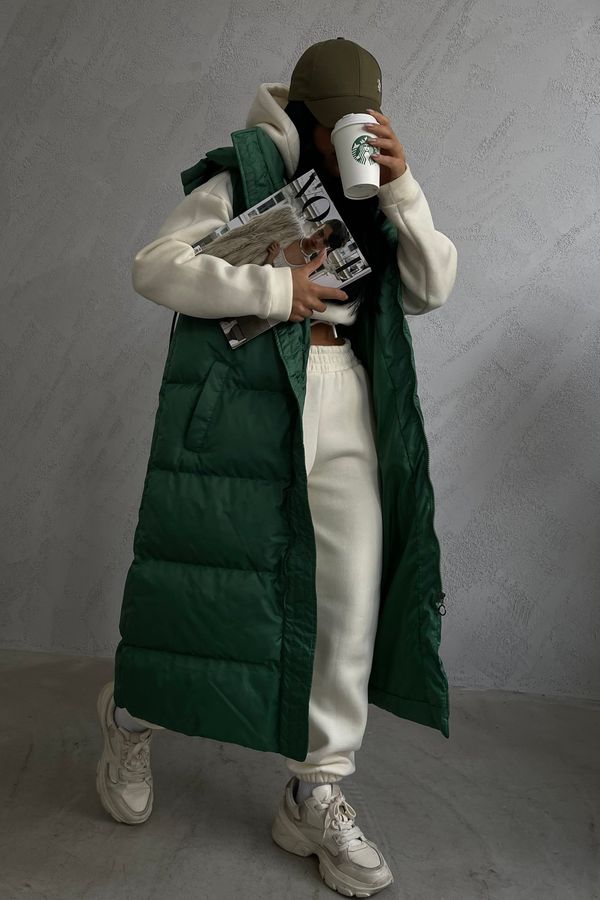 Stand Collar Zipper Hooded Long Puffer Gilet 1