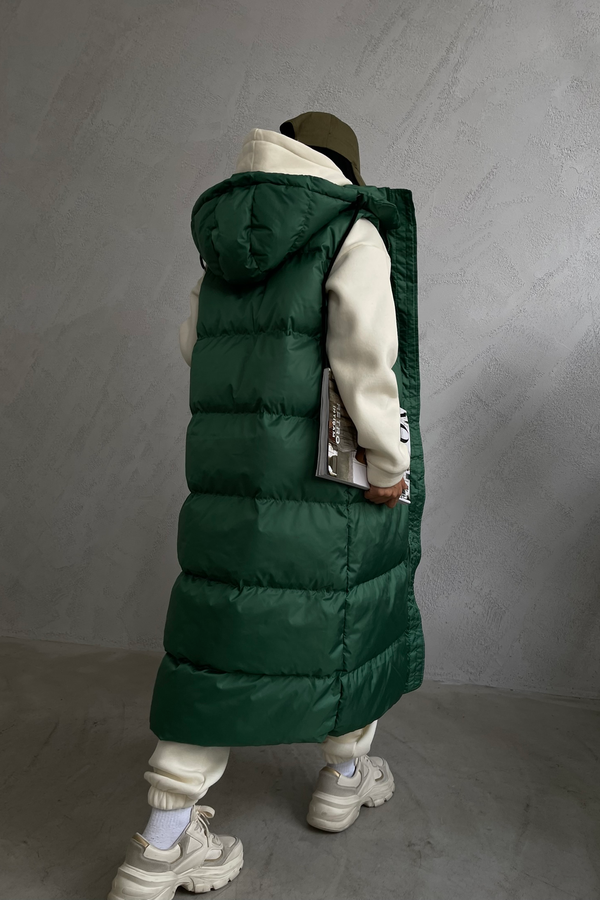 Stand Collar Zipper Hooded Long Puffer Gilet 3
