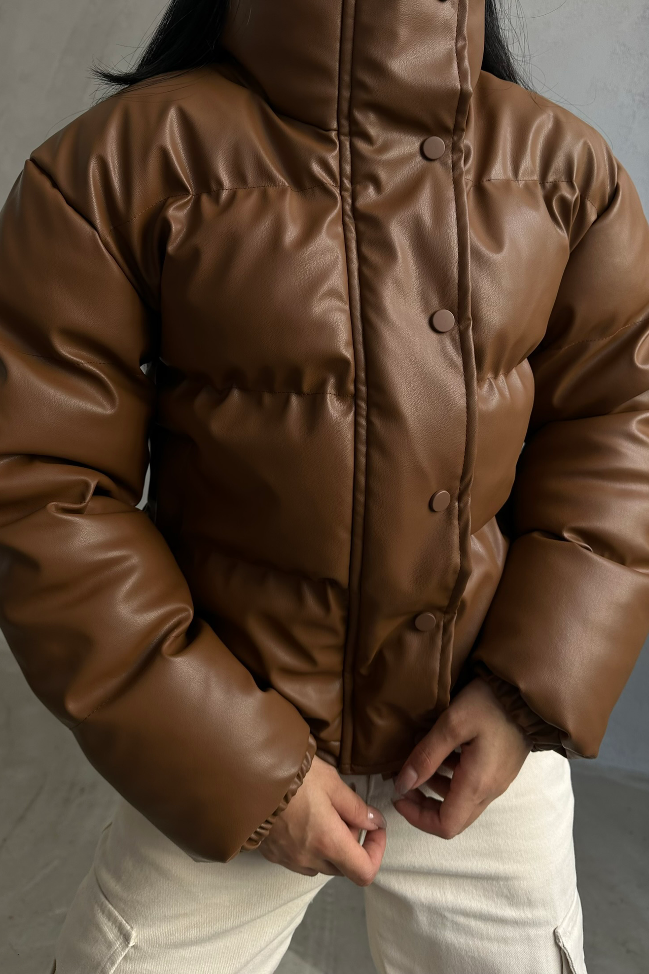 Faux Leather Stand Collar Buttoned Puffer Jacket