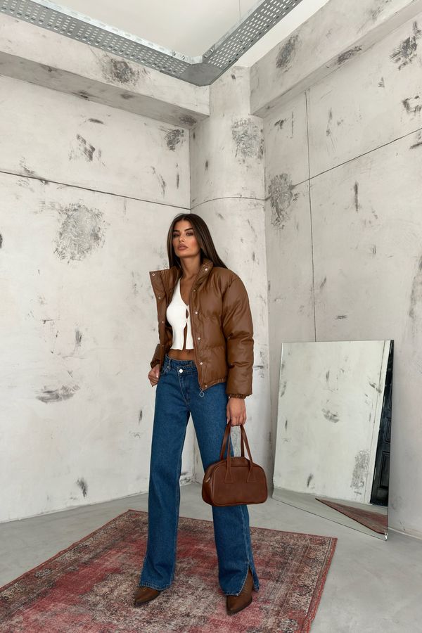 Faux Leather Stand Collar Buttoned Puffer Jacket 2