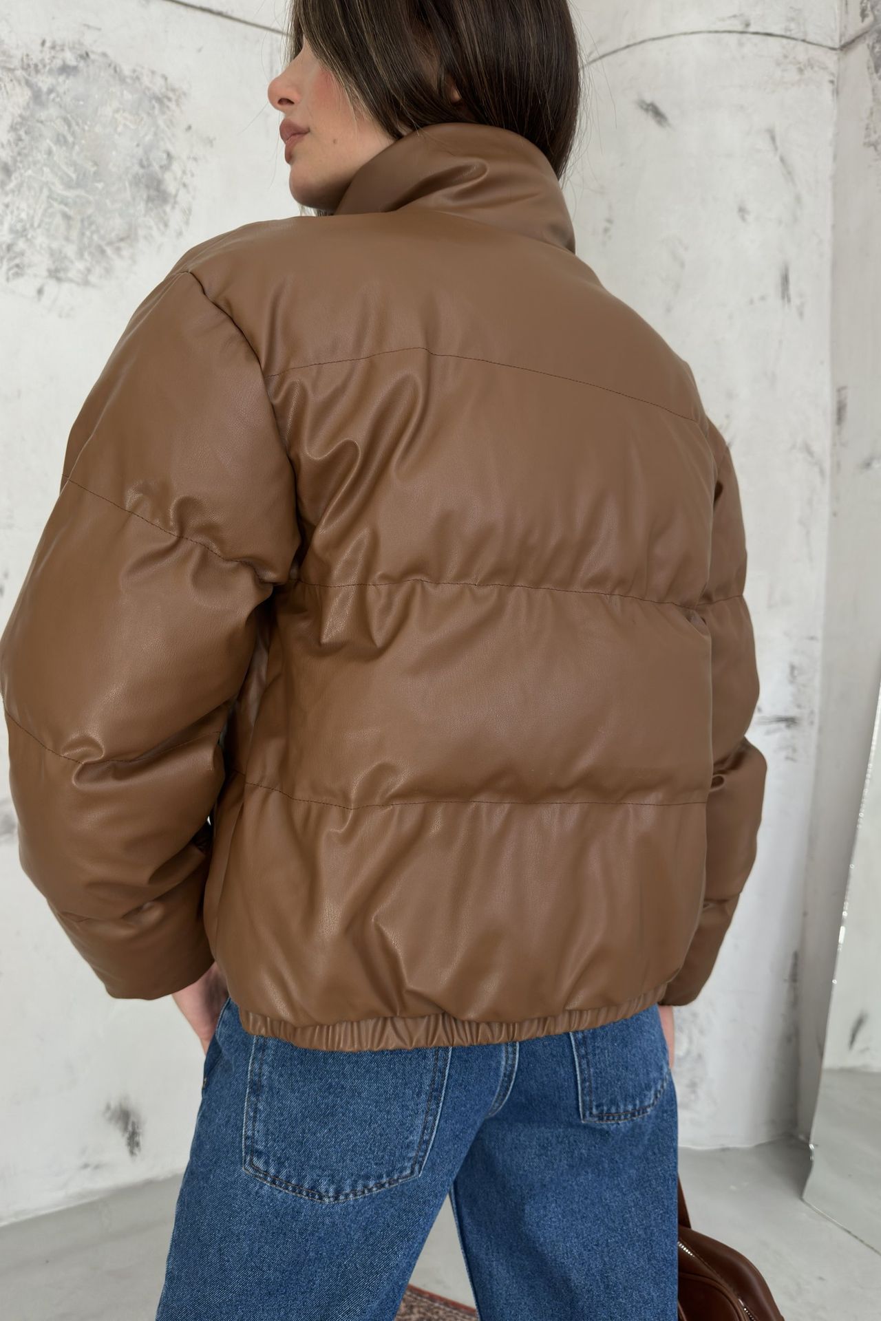 Faux Leather Stand Collar Buttoned Puffer Jacket