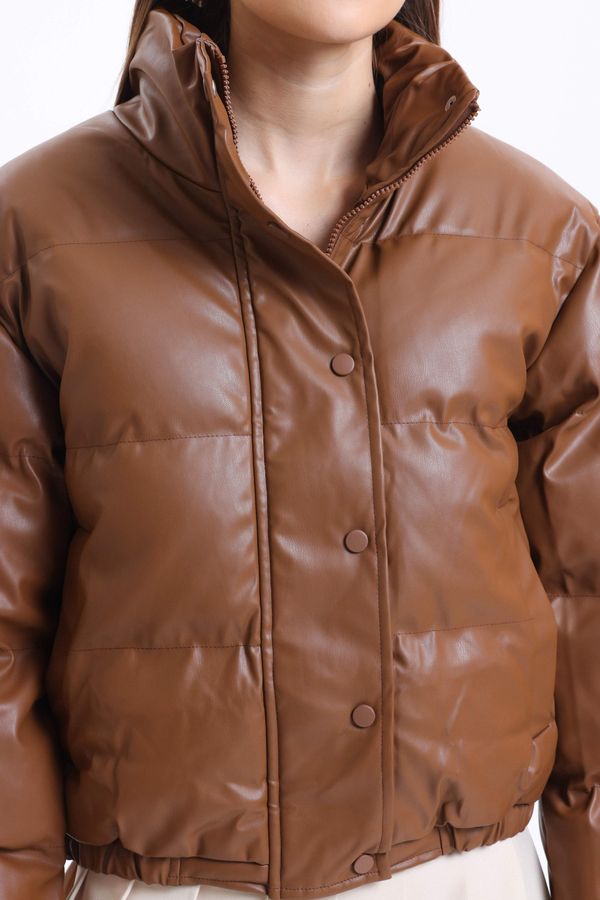 Faux Leather Stand Collar Buttoned Puffer Jacket 4