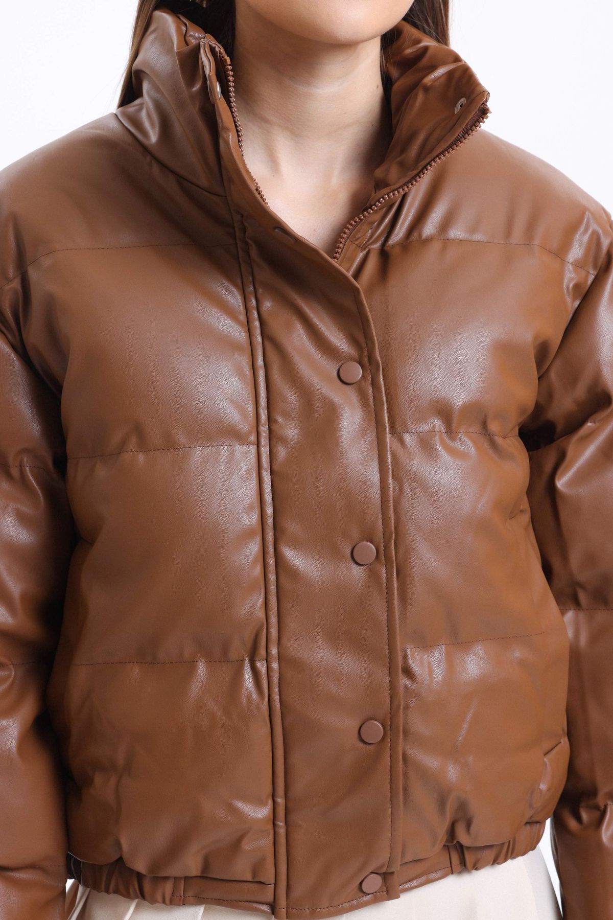 Faux Leather Stand Collar Buttoned Puffer Jacket