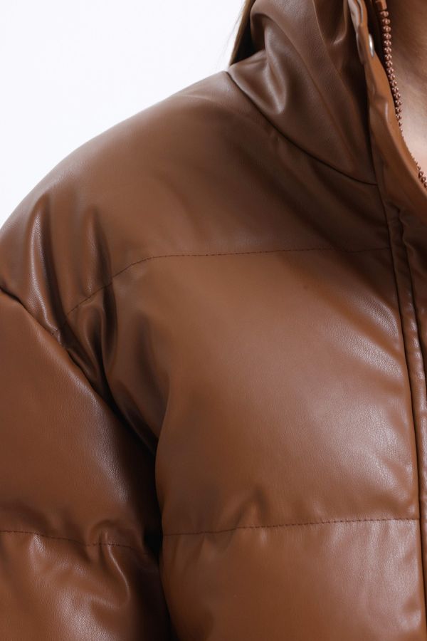 Faux Leather Stand Collar Buttoned Puffer Jacket 5
