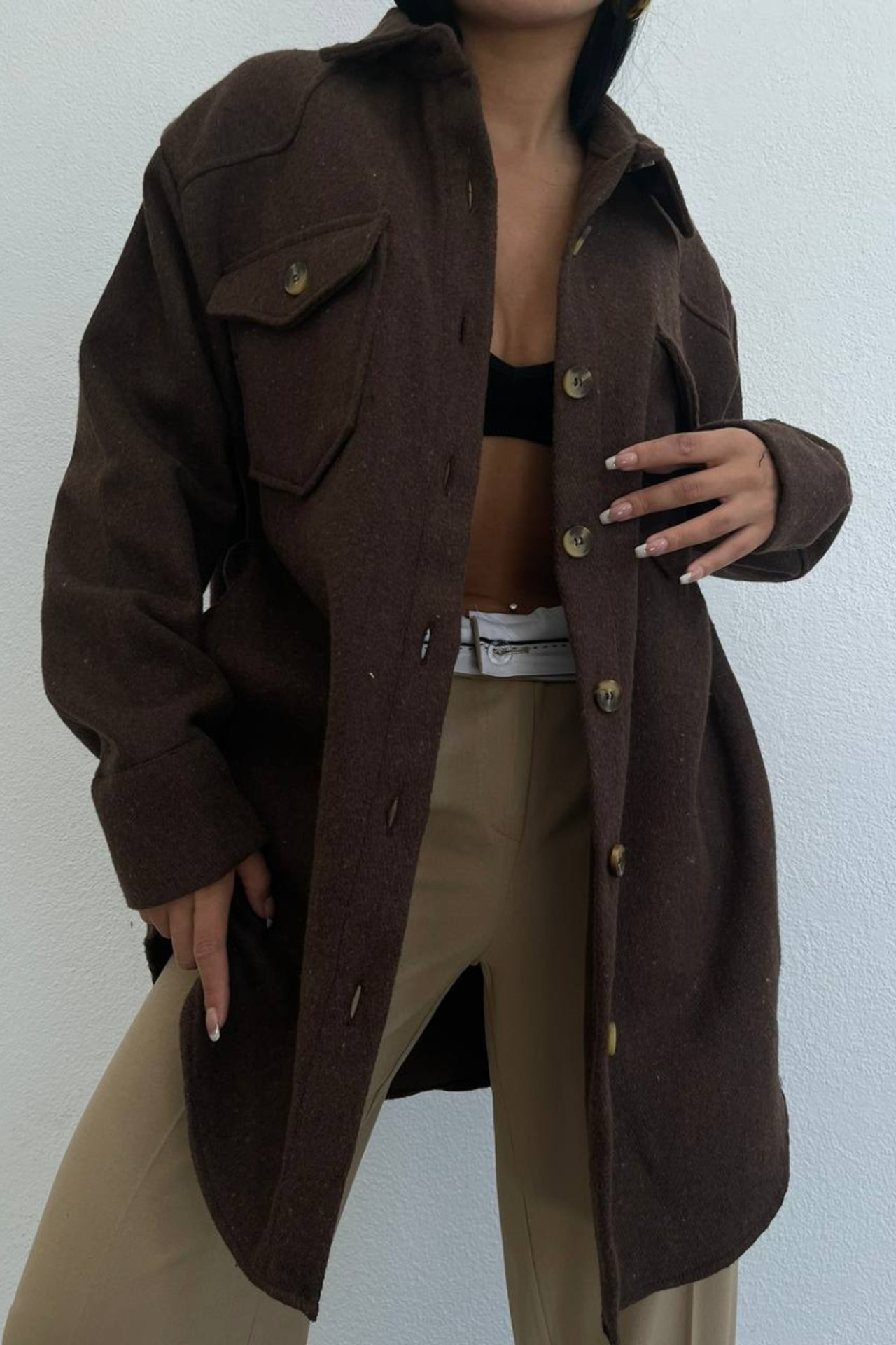 Collar Pocket Buttoned Jacket with a Belt