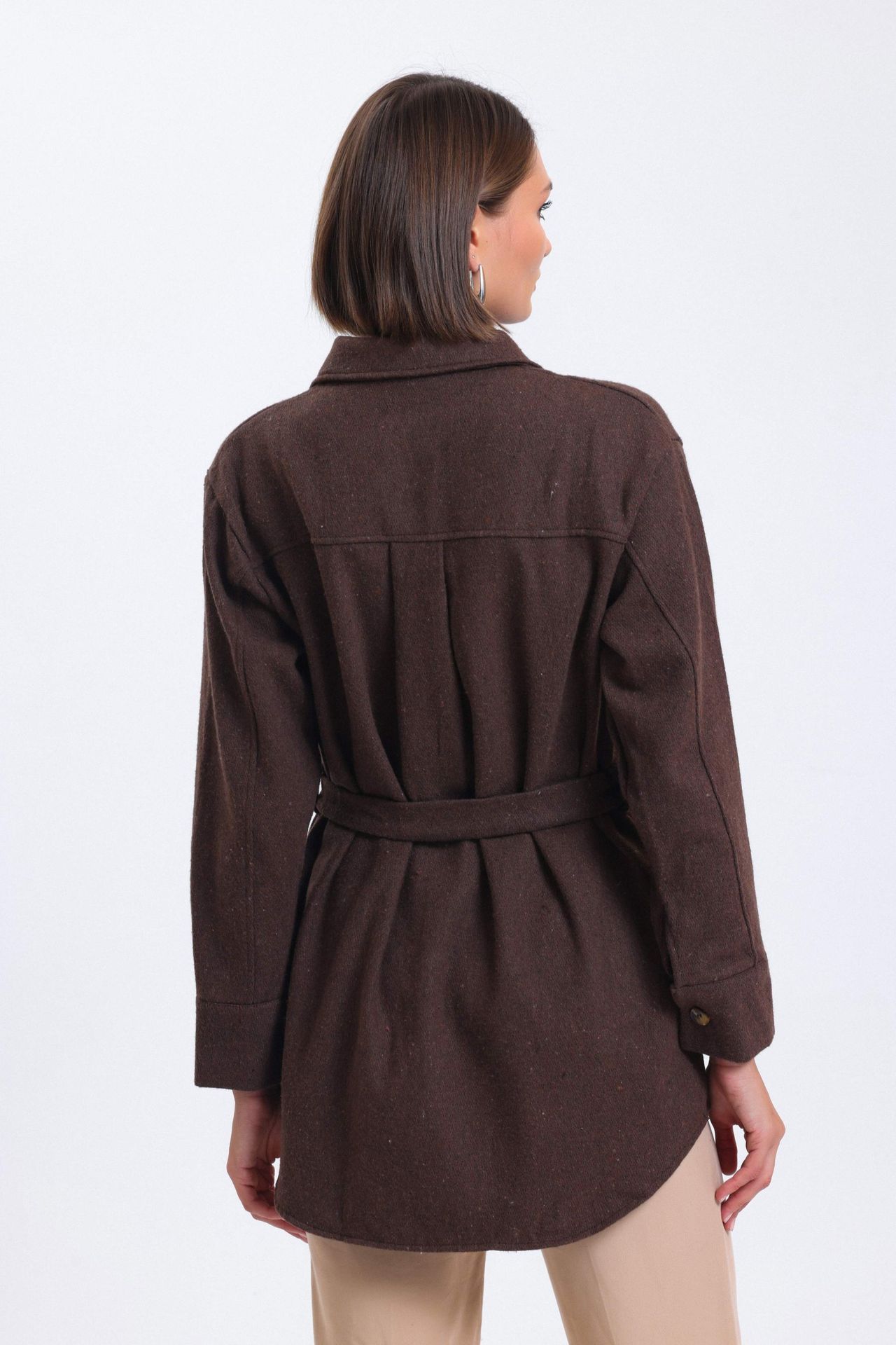 Collar Pocket Buttoned Jacket with a Belt
