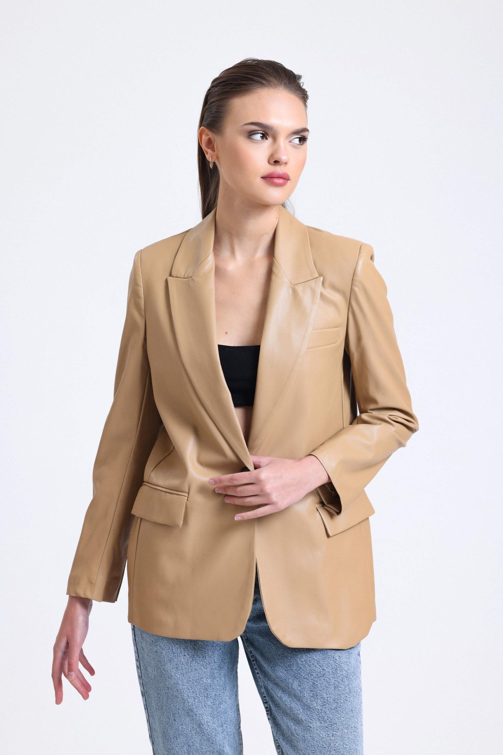 Faux Leather Collar Blazer