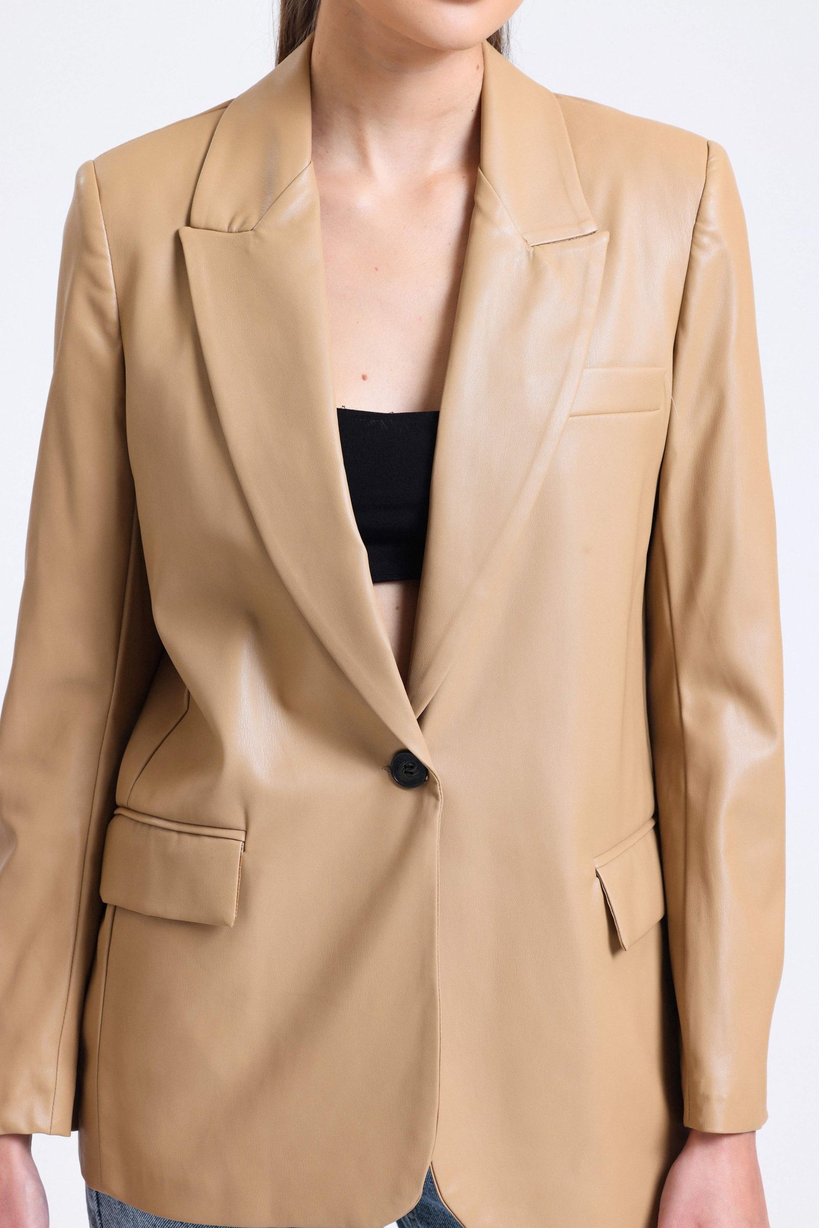 Faux Leather Collar Blazer