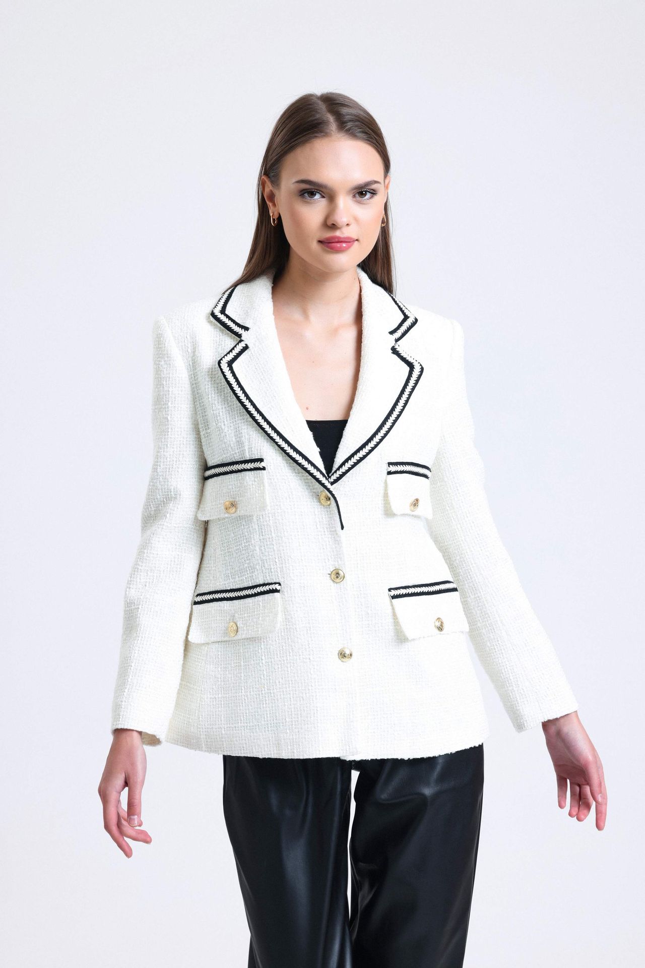 Tweed Collar Pocket Buttoned Blazer