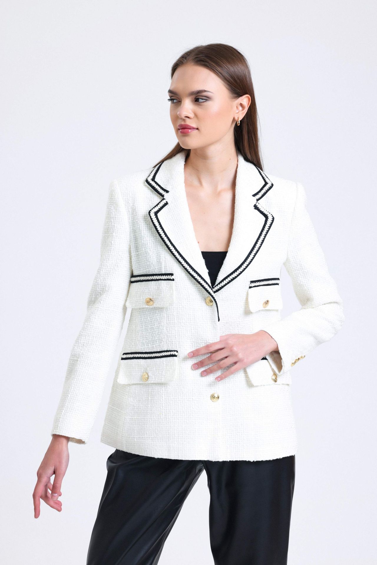 Tweed Collar Pocket Buttoned Blazer