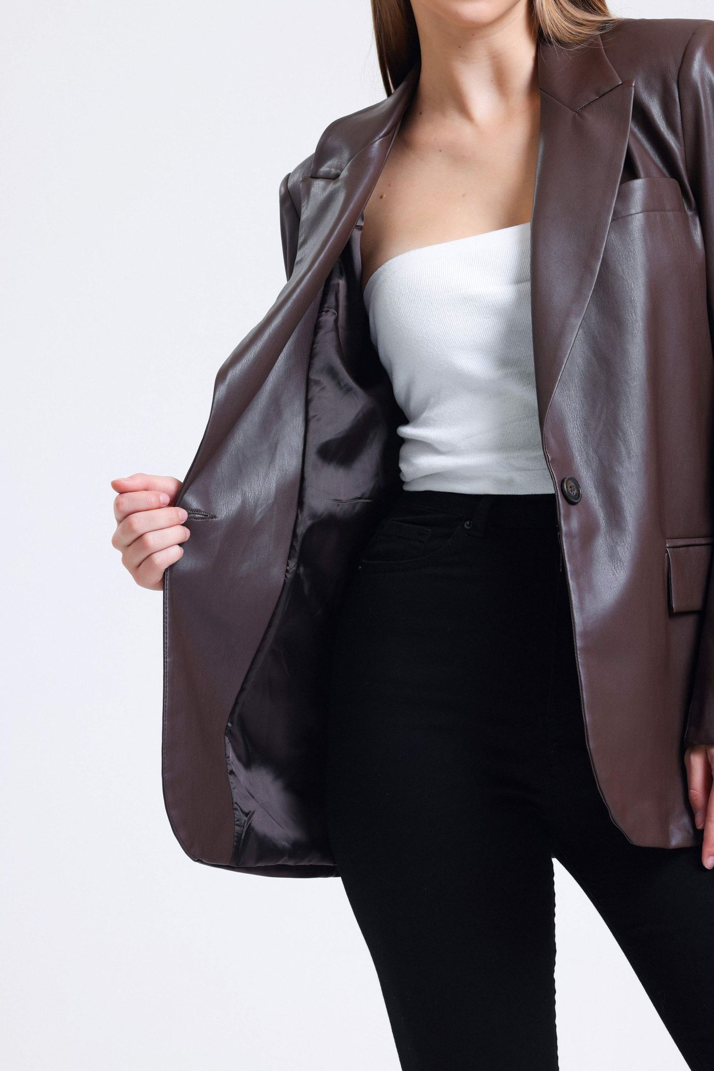 Faux Leather Collar Blazer